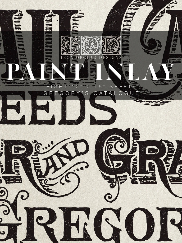 Iron Orchid Designs IOD Paint Inlay Gregory's Catalogue | for crafting, decor, fabric, walls, DIY | Hooked by Debbie | Boerne, Texas shops and boutiques